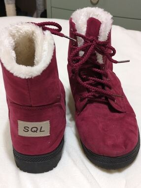 Burgundy Faux-Suede Lace-Up Winter Boots with Plush Lining